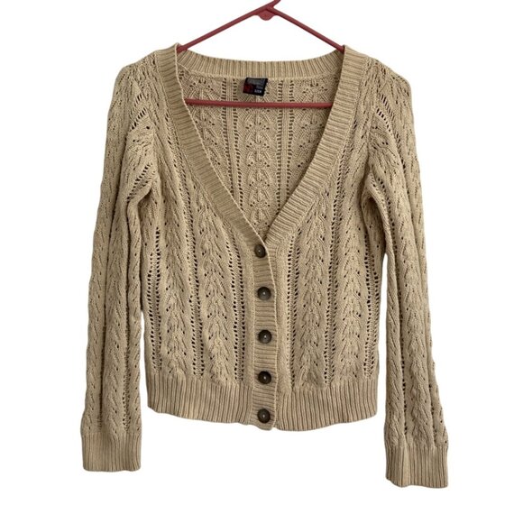 Nautica Beige Cable Knit Cardigan Cotton Blend Womens S Light Academia Preppy - Picture 2 of 8